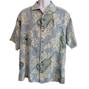 Tommy Bahama Men Shirt Camp L Silk Blue Guitar Hawaiian Tropical